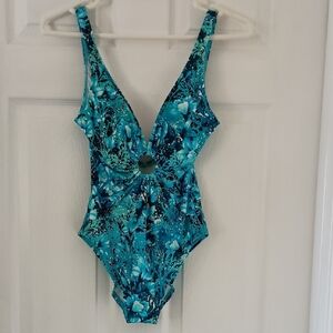 Carmen Marc Valvo Turquoise Floral One-Piece Swimsuit with Center Ring